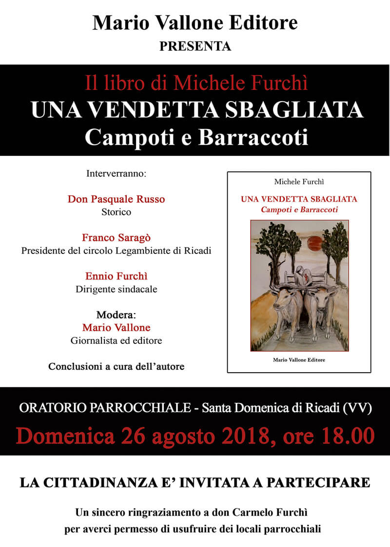 Presentazione libro Una vendetta sbagliata di Michele Furchì 26 agosto 2018 a Santa Domenica di Ricadi locandina