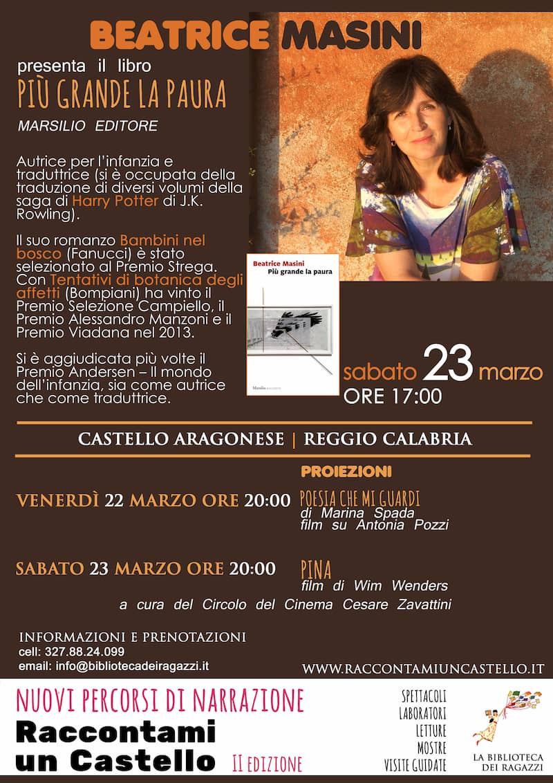 La scrittrice Beatrice Masini ospite d’eccellenza a Raccontami un Castello 23 marzo 2019 locandina