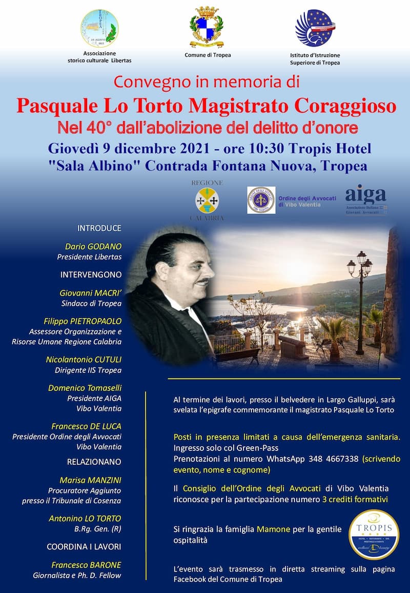 Tropea commemora il Magistrato Coraggioso Pasquale Lo Torto 9 dicembre 2021 locandina