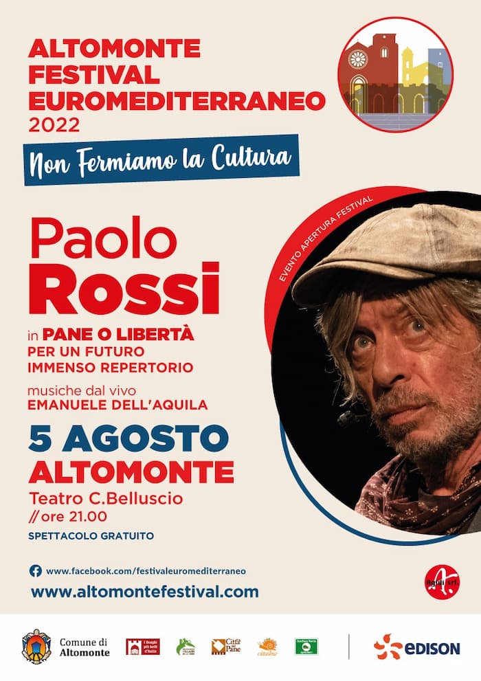 Paolo Rossi ad Altomonte Festival Euromediterrano di Altomonte 5 agosto 2022 locandina