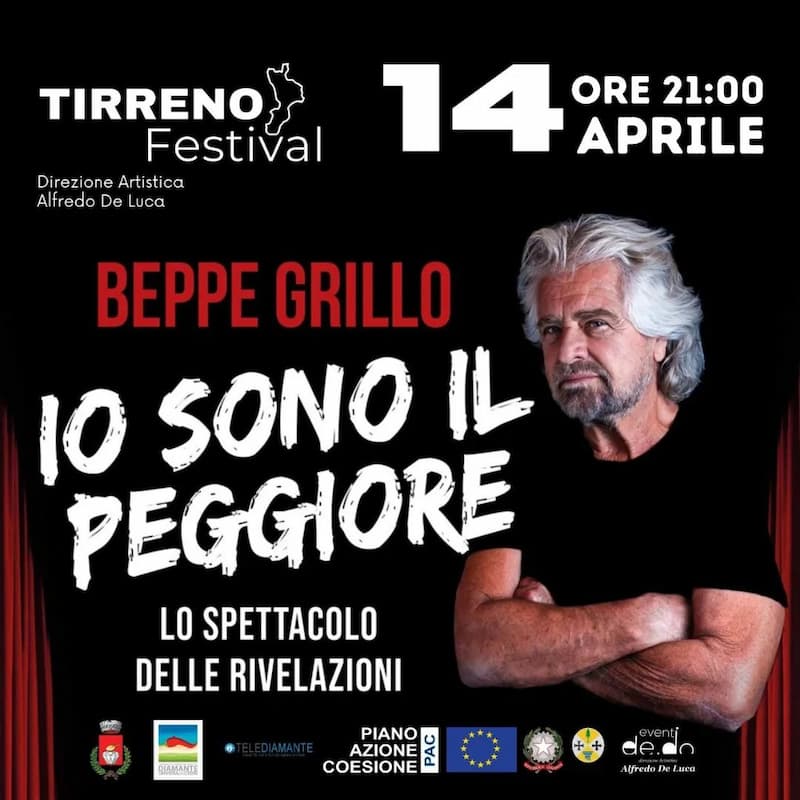 Beppe Grillo in Io sono il peggiore 14 aprile 2023 Tirreno Festival a Diamante locandina