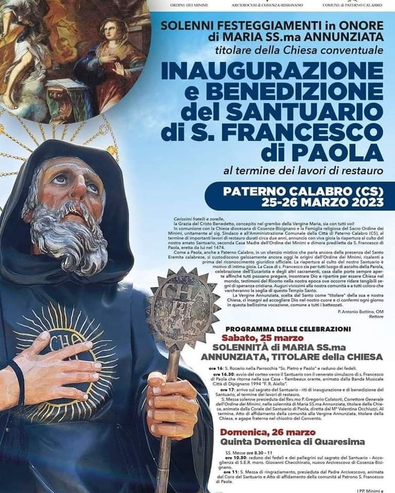 Inaugurazione del Santuario di San Francesco di Paola, Paterno Calabro 25 e 26 Marzo 2023 locandina