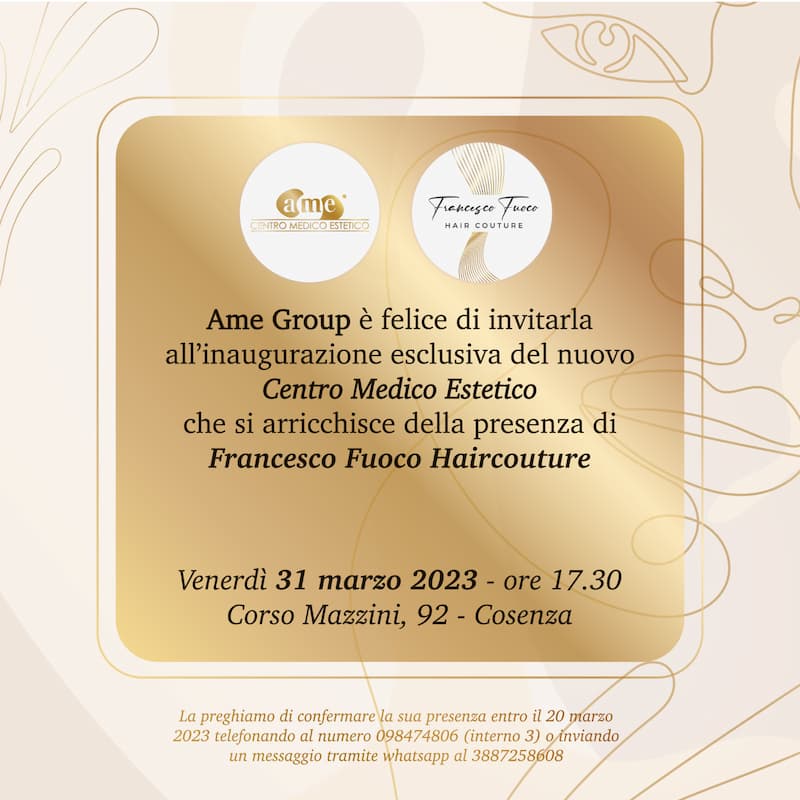 Inaugurazione del nuovo Centro Medico Estetico Ame a Cosenza 31 Marzo 2023 locandina