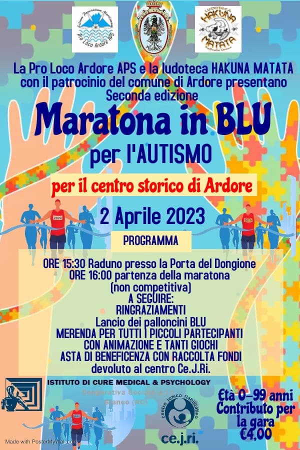 Maratona in Blu per l'Autismo - Centro Storico di Ardore 2 aprile 2023 locandina