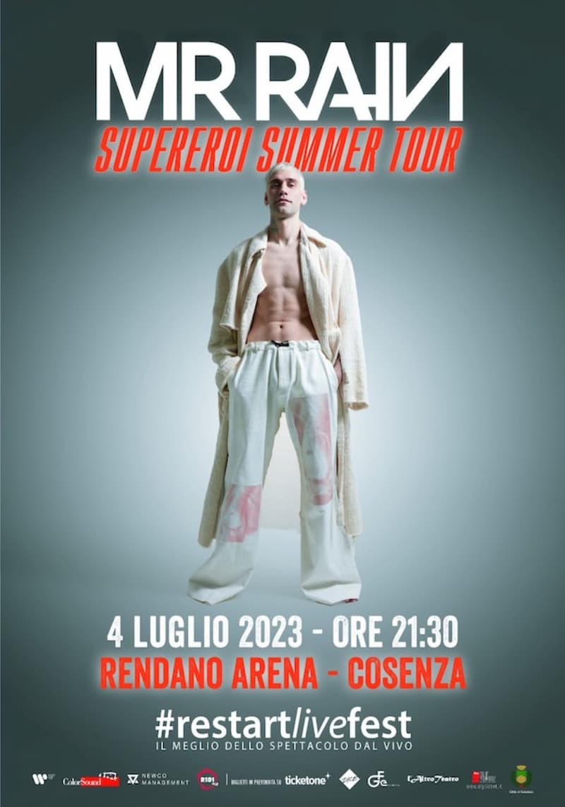Mrrain - Supereroi Summer Tour 4 luglio 2023 Rendano Arena Cosenza locandina