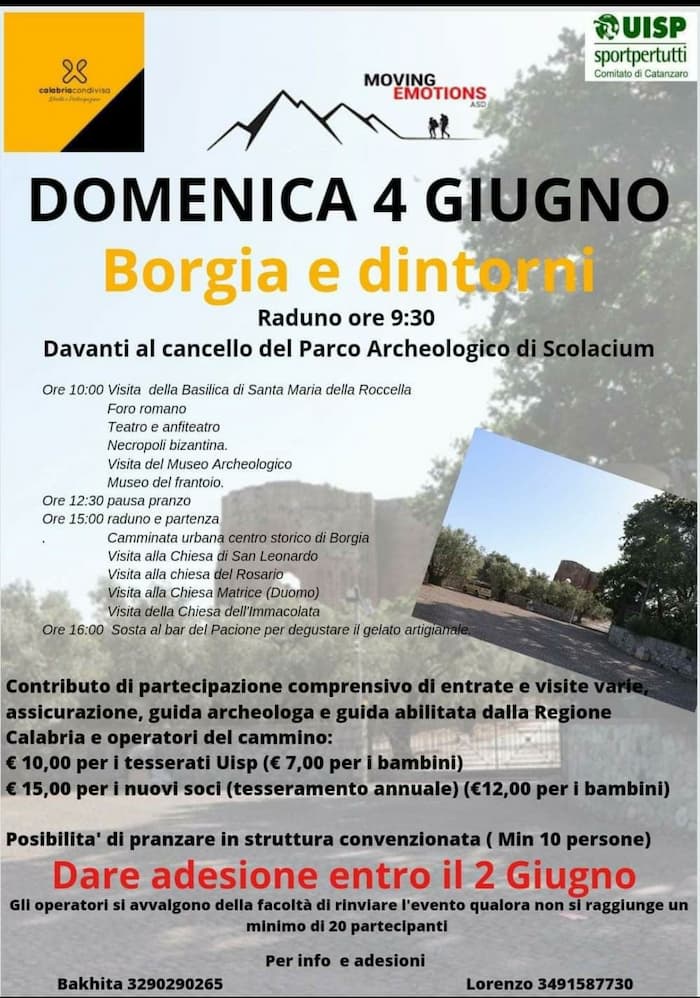 Escursione Borgia e dintorni 4 giugno 2023 Parco Archeologico Scolacium, Borgia locandina