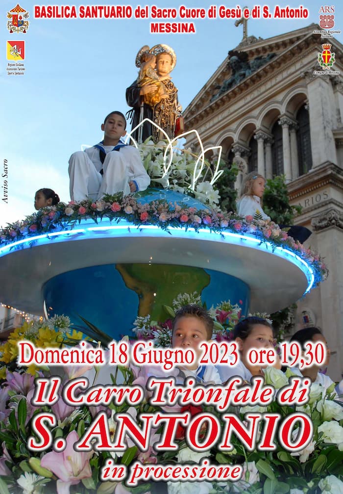 Il Carro Trionfale di Sant'Antonio in processione 18 giugno 2023 Basilica Santuario del Sacro Cuore di Gesù e di S Antonio, Messina locandina