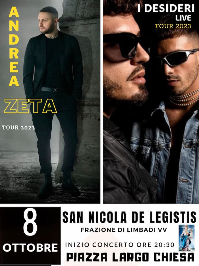 Concerto live Andrea ZETA e i DESIDERI tour 2023 8 Ottobre 2023 Piazza Largo Chiesa San Nicola De Legistis frazione di Limbadi