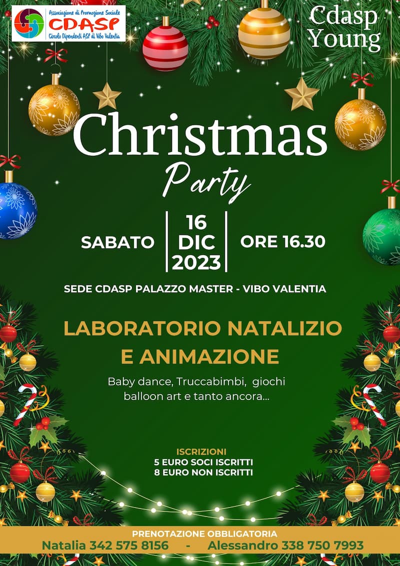 Christmas Party 16 Dicembre 2023 Sede CDASP Palazzo Master, Vibo Valentia Laboratorio Natalizio e Animazione