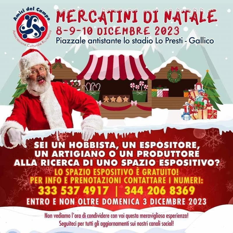 Mercatini di Natale, Stadio Lo Presti, Gallico 8-9-10 Dicembre 2023